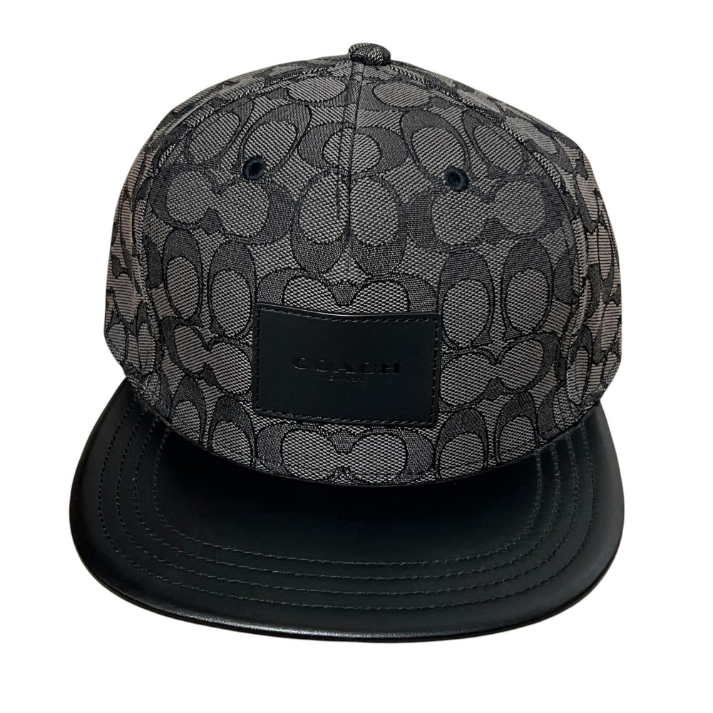 Coach Signature Jacquard Flat Brim Baseball Cap Charcoal Black Leather Logo M/L - Picture 1 of 12